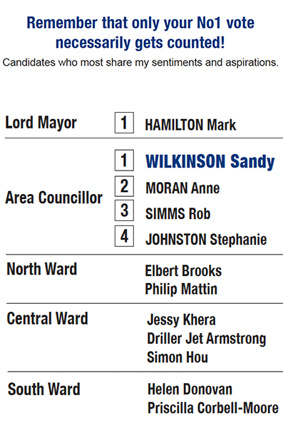 Vote 1 Sandy Wilkinson for Area Councillor